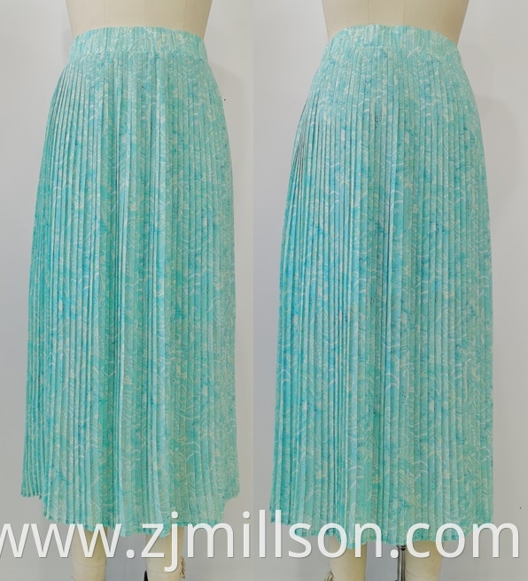 Woven blue flowers print chiffon pleated skirt